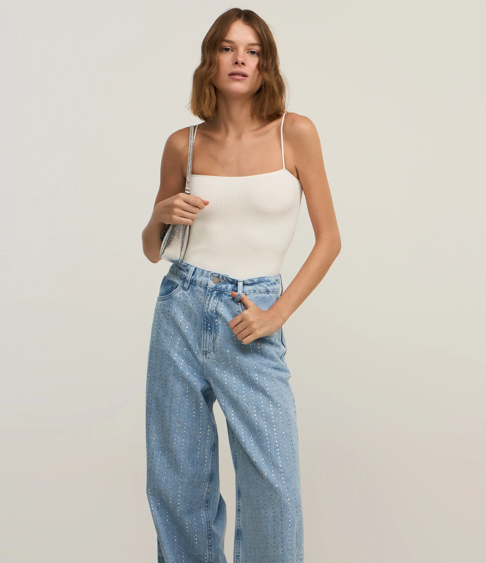 Calça Wide Leg em Jeans com Listras de Brilhos Azul 2