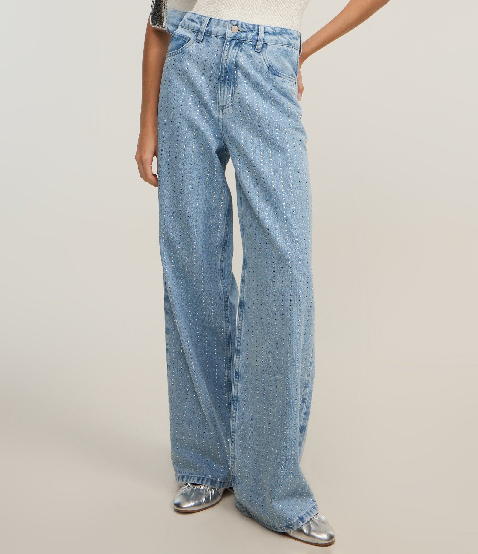 Calça Wide Leg em Jeans com Listras de Brilhos Azul 3