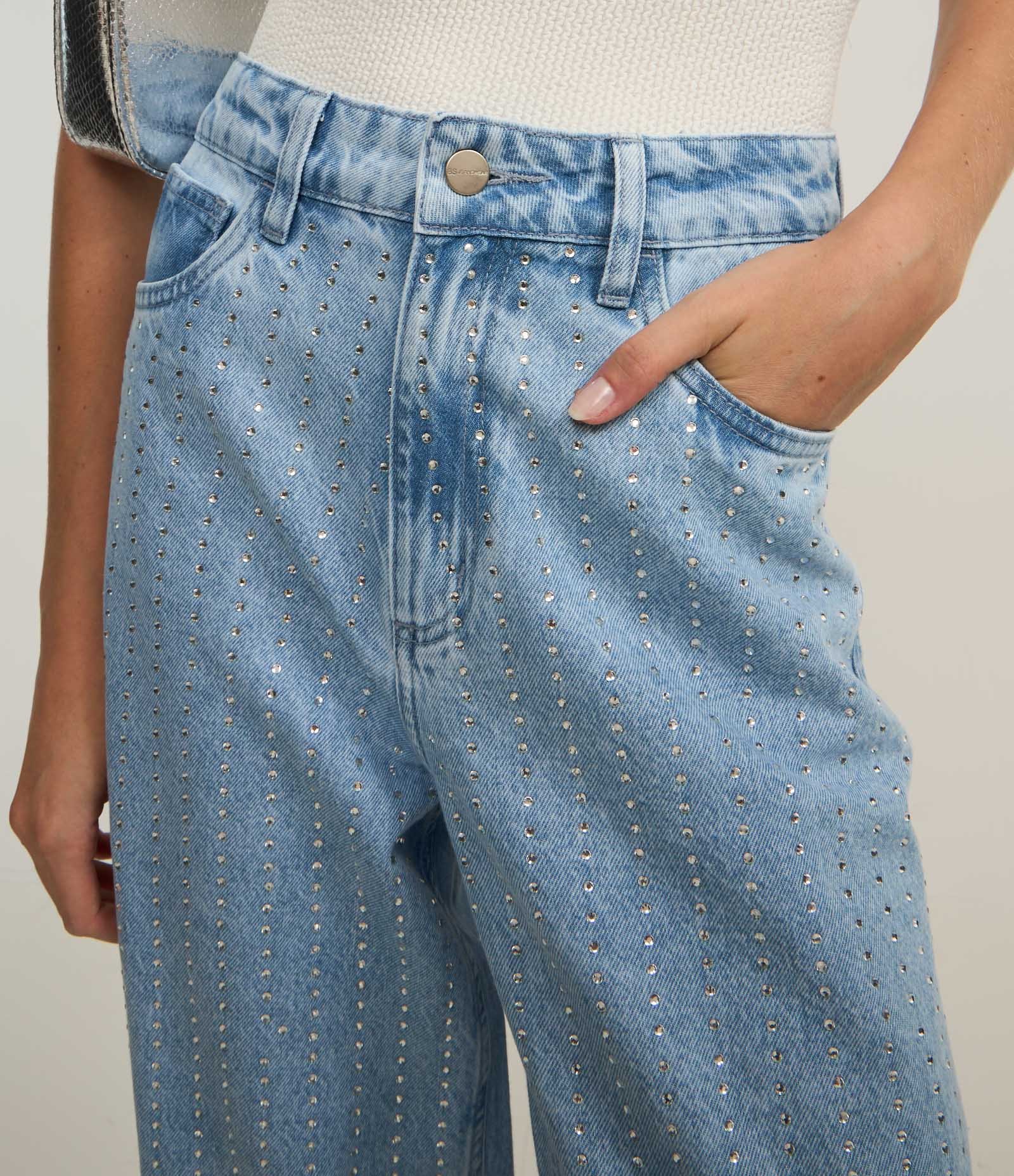 Calça Wide Leg em Jeans com Listras de Brilhos Azul 4