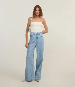 Calça Wide Leg em Jeans com Listras de Brilhos