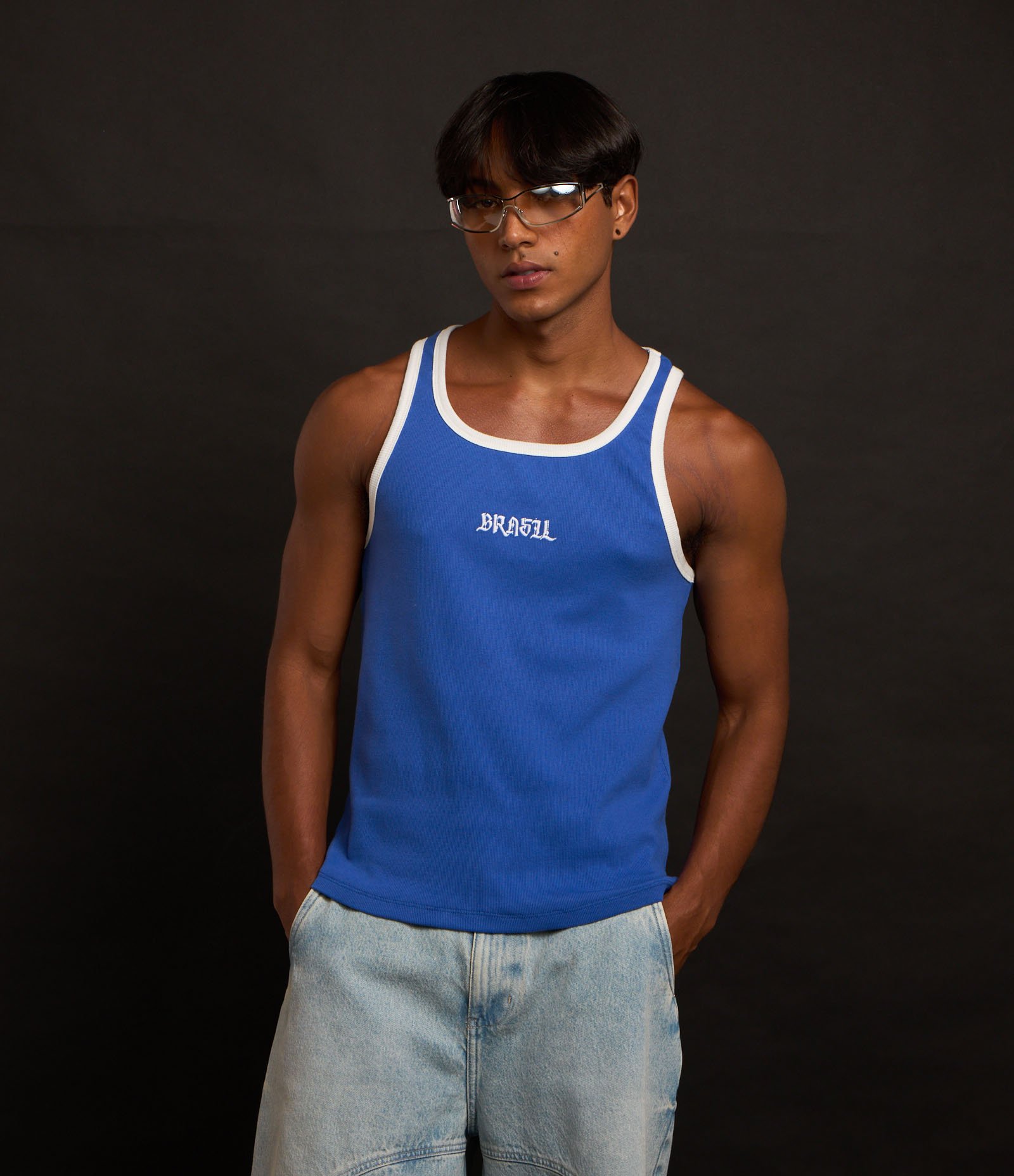 Regata Regular em Algodão com Estampa Bordada Brasil Azul 4