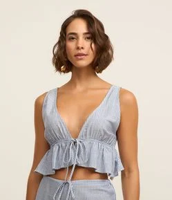 Saída de Praia Blusa Cropped em Tricoline Listrado com Amarração