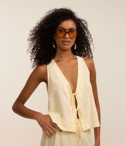 Saída de Praia Colete em Viscose e Algodão com Listras de Fio Tinto