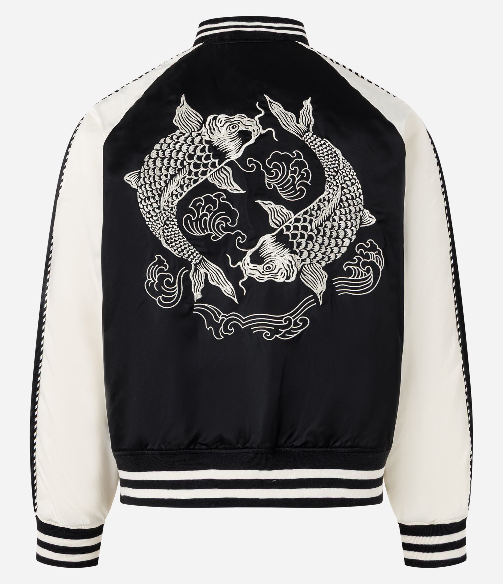 Jaqueta Boxy com Detalhes Contrastantes e Bordados de Carpas Orientais Preto/Branco 9