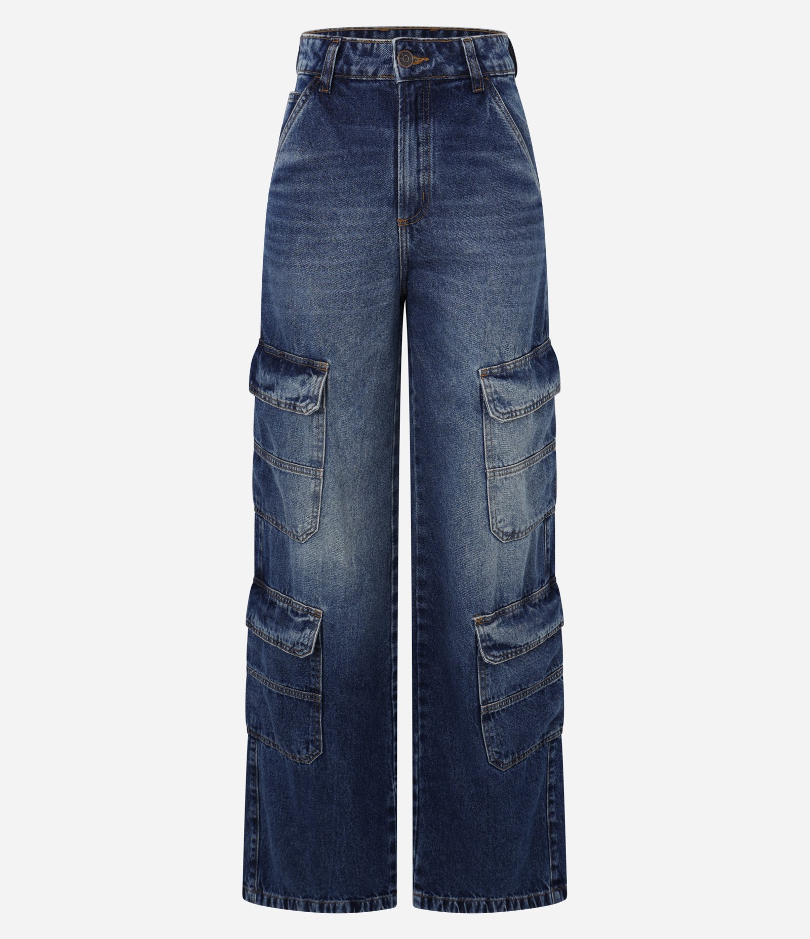 Calça Wide Leg Jeans com Bolso Cargo Azul 7