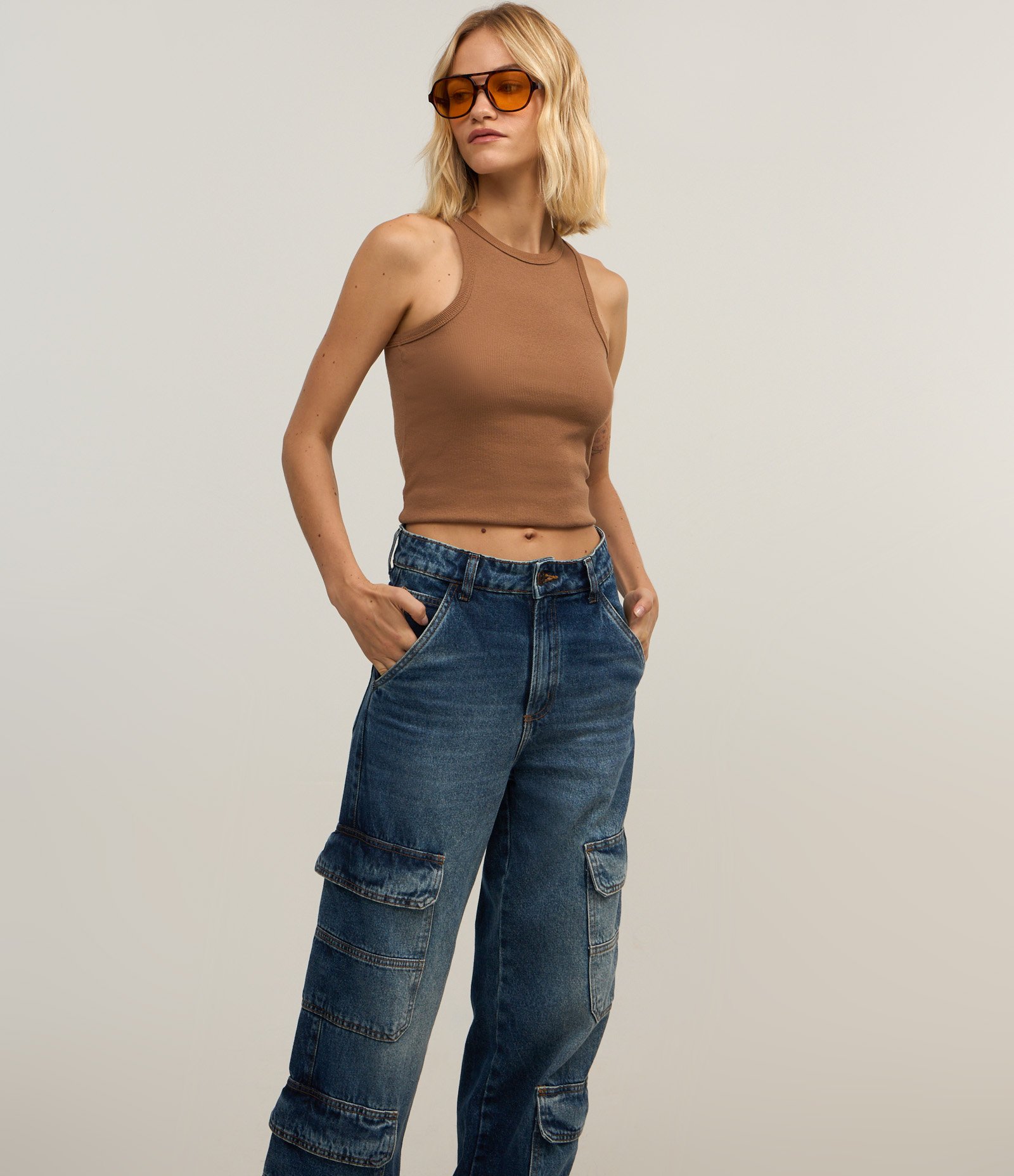 Calça Wide Leg Jeans com Bolso Cargo Azul 3