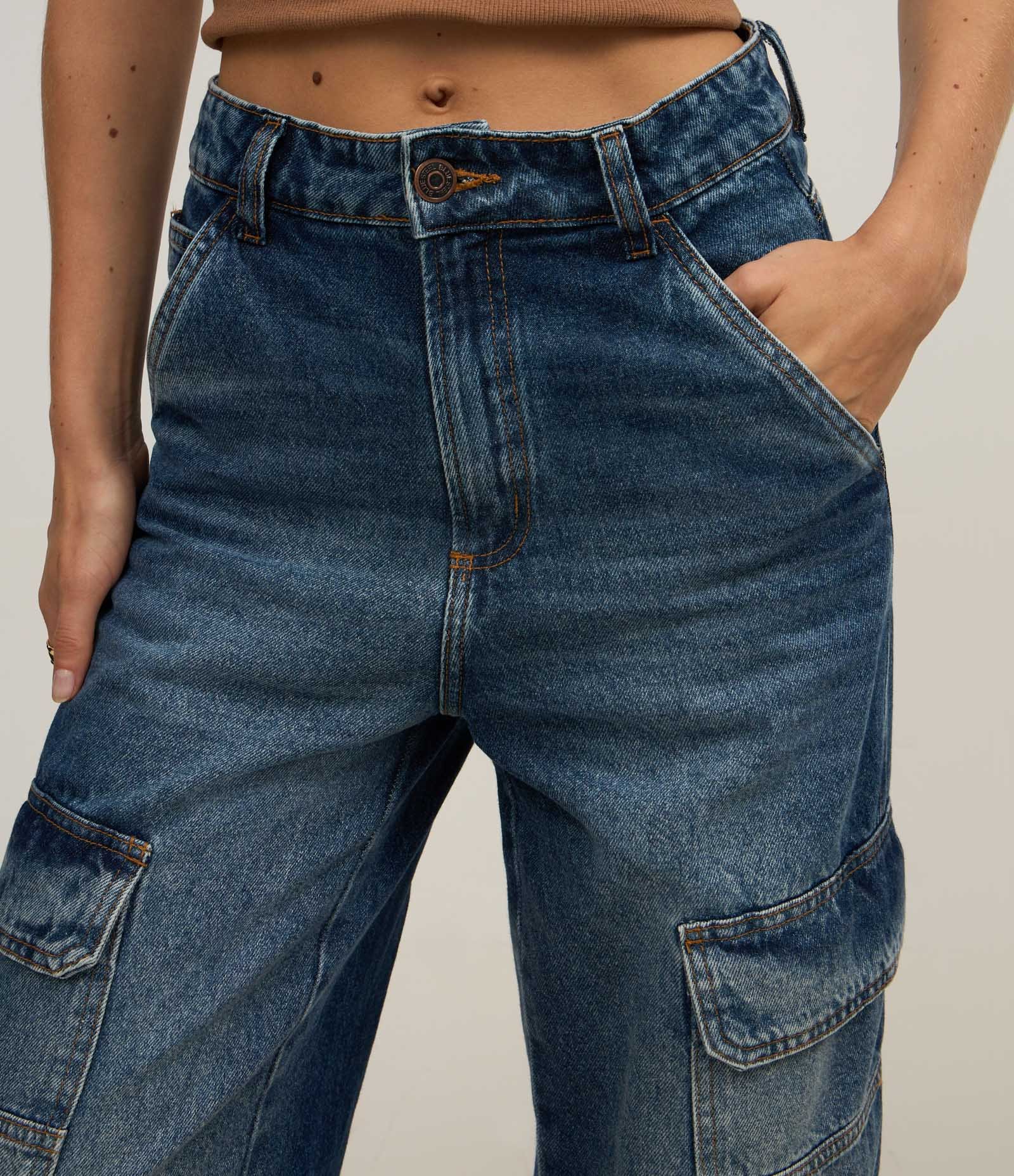 Calça Wide Leg Jeans com Bolso Cargo Azul 5