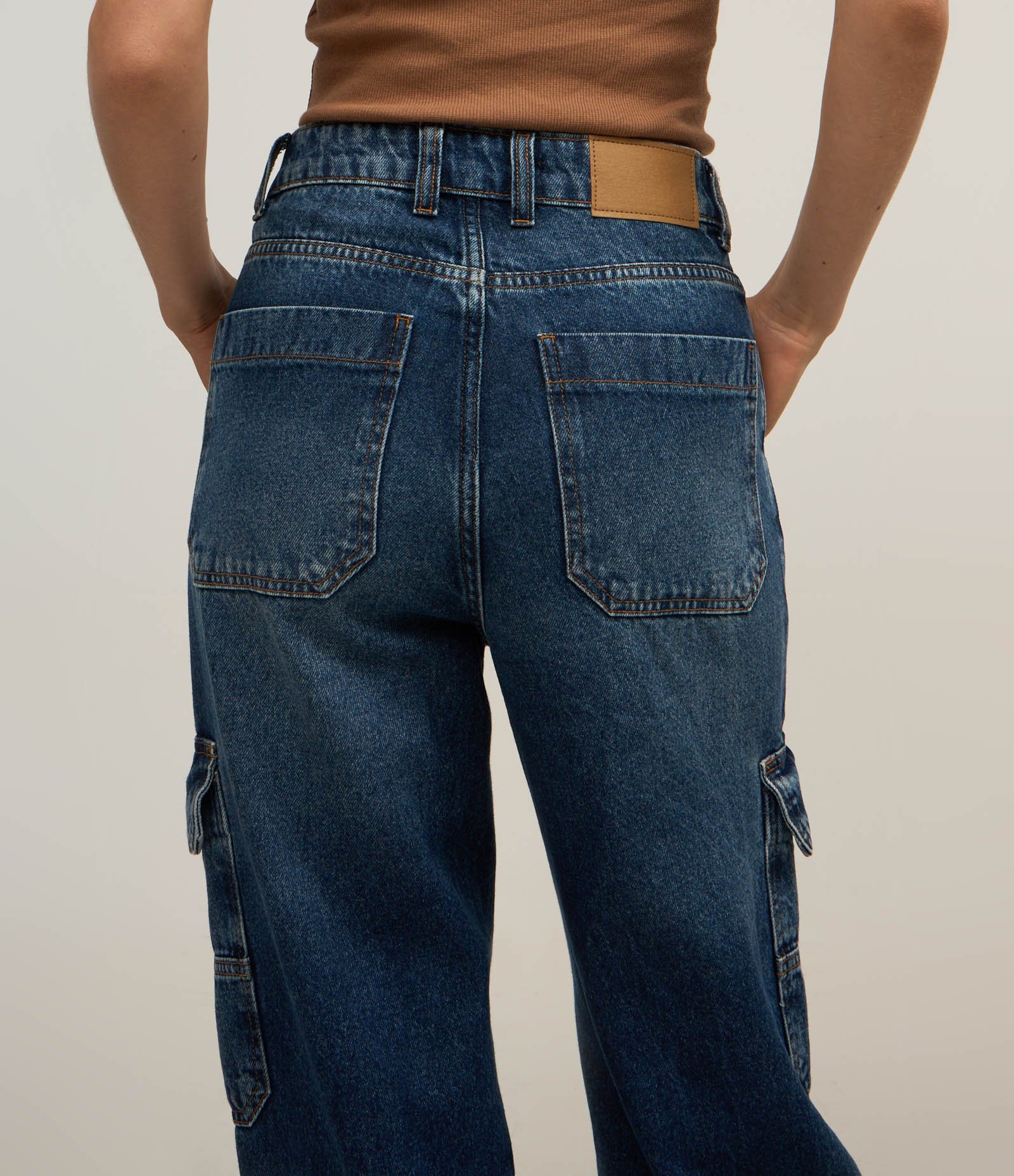 Calça Wide Leg Jeans com Bolso Cargo Azul 6