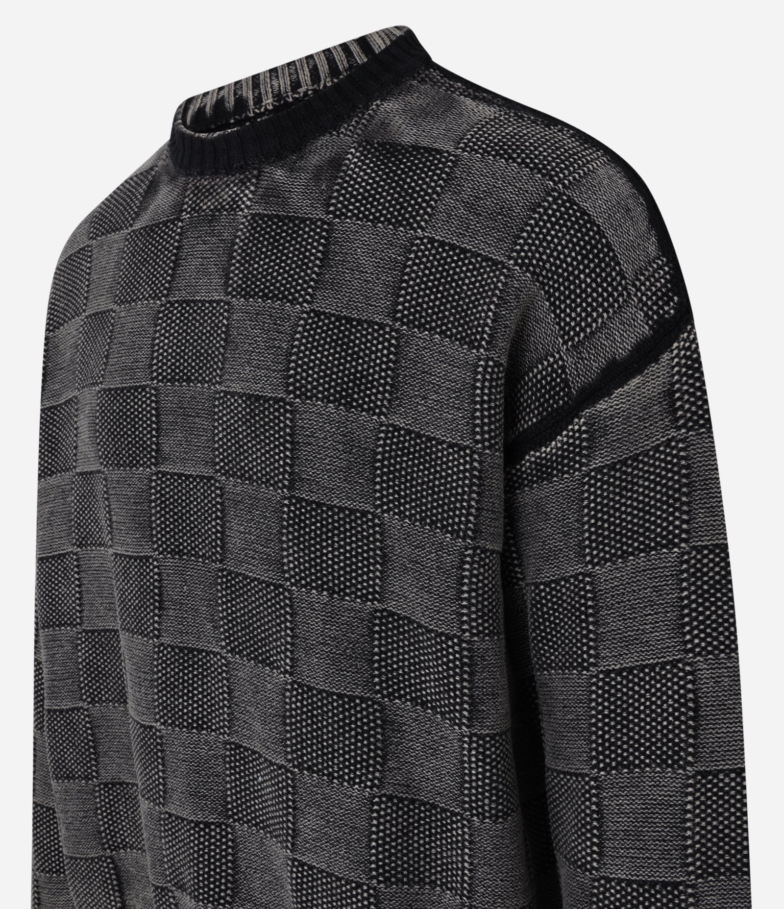 Suéter Boxy em Algodão Estonado em Textura Jacquard e Xadrez Preto 7