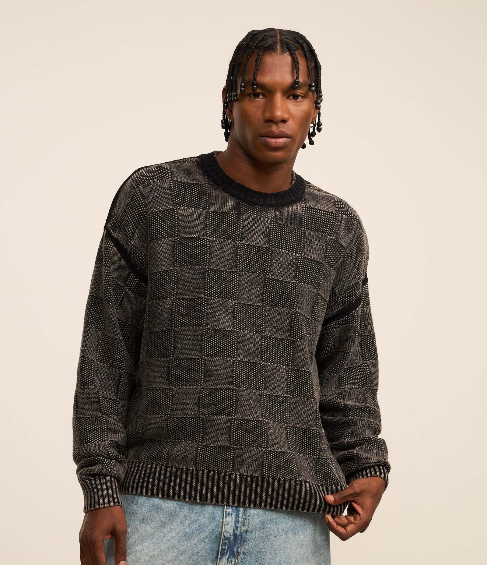 Suéter Boxy em Algodão Estonado em Textura Jacquard e Xadrez Preto 1