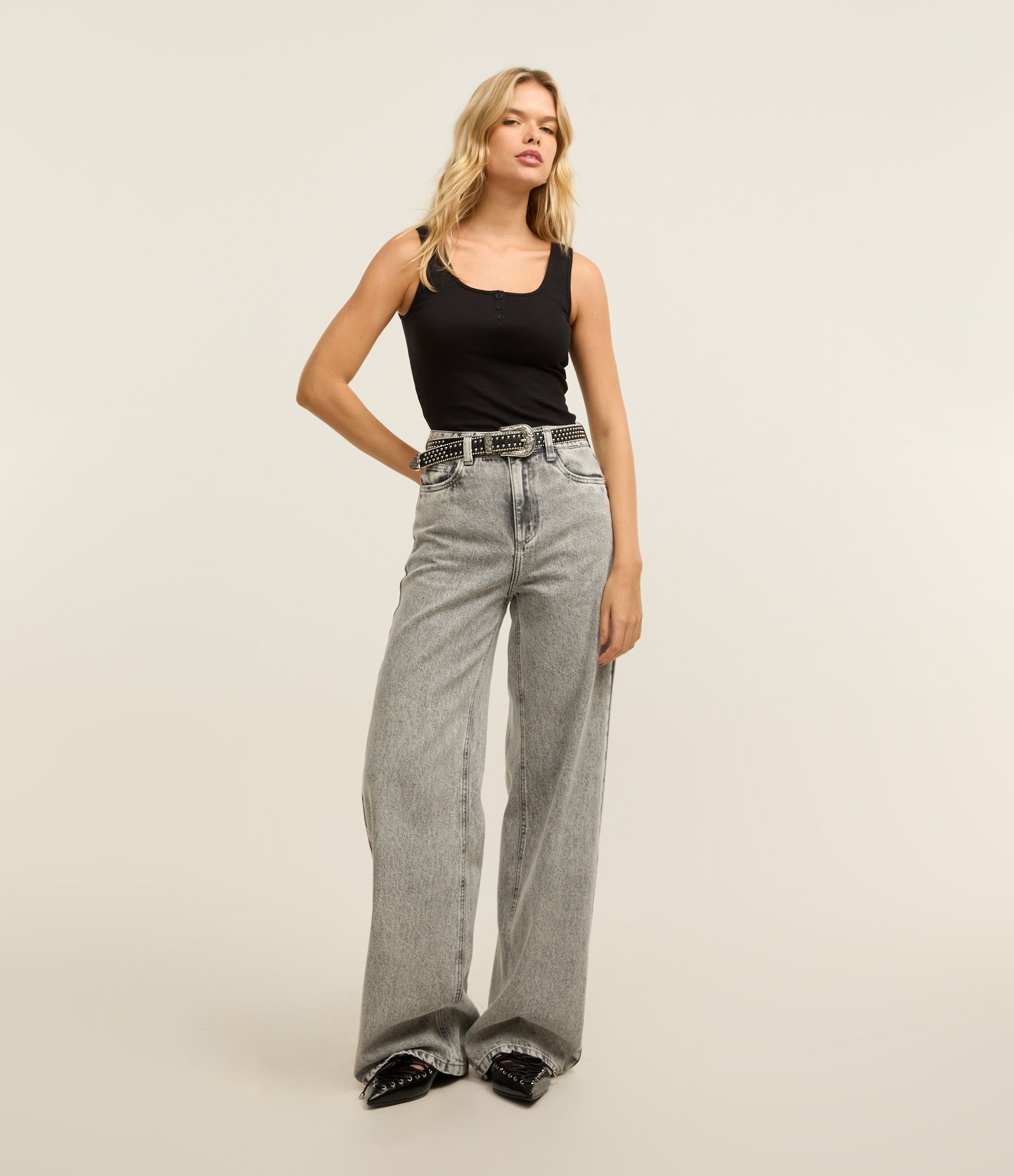 Calça Wide Leg em Jeans com Cintura Alta Cinza 1
