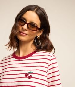 Blusa Listrada em Algodão com Cereja Bordada