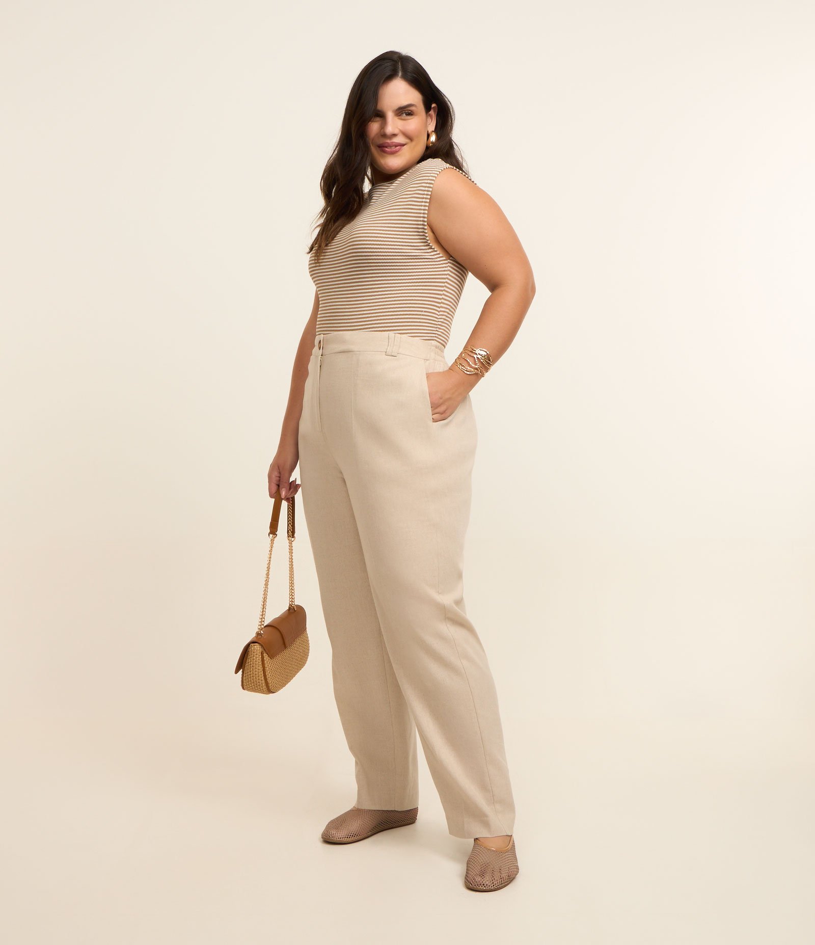 Calça Reta com Linho Efeito Cru Curve e Plus Size Bege 1