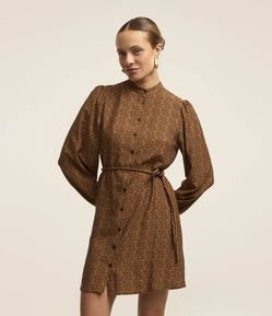 Vestido Manga Longa Twill com Botões e Cinto fixo Animal Print