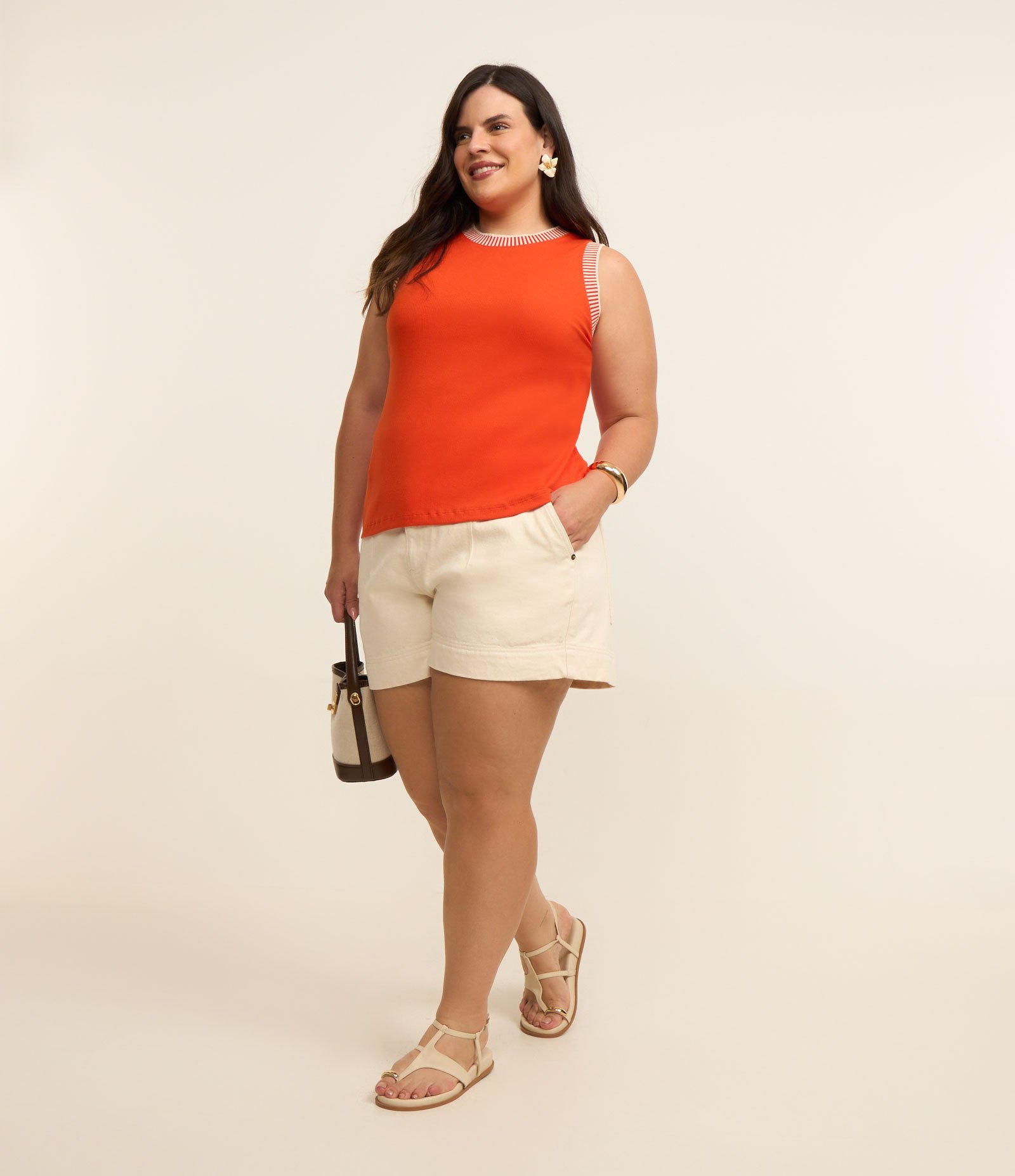 Regata em Ribana com Gola em Tricô Curve & Plus Size Laranja 2