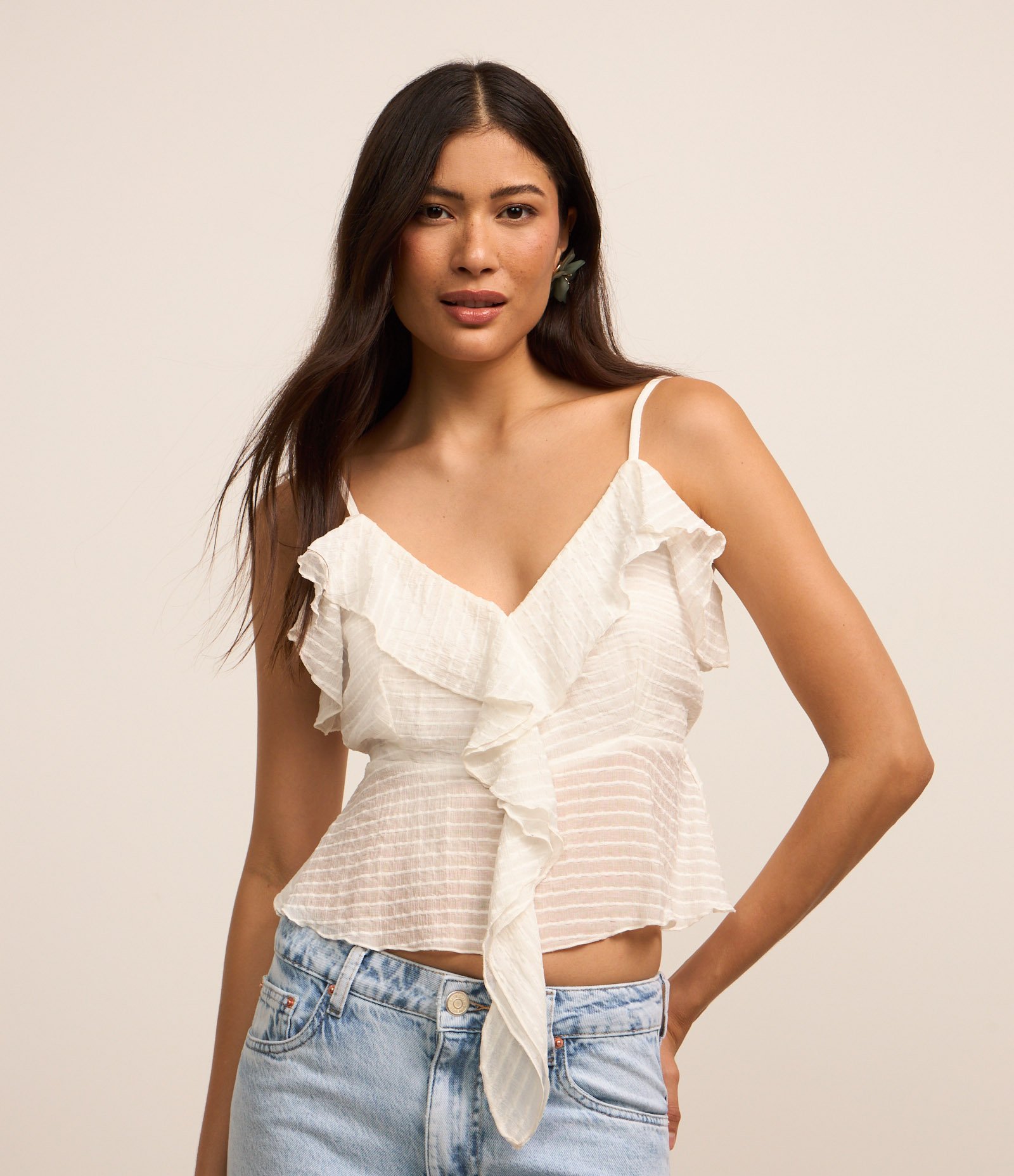 Blusa Peplum de Alça em Vicose Twill Texturizada Branco 1