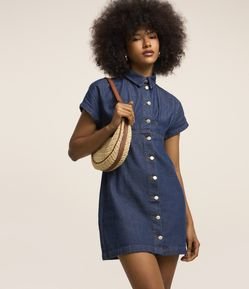 Vestido com Recorte na Cintura Manga Curta Denim