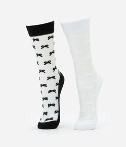 Kit 02 Meias Cano Alto com Transparência e Textura de Lacinhos