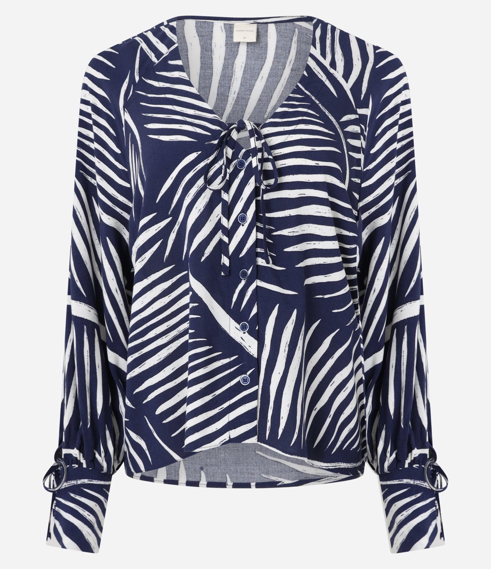 Camisa em Viscose com Decote em V Amarração e Estampa em Linhas Azul/Branco 7