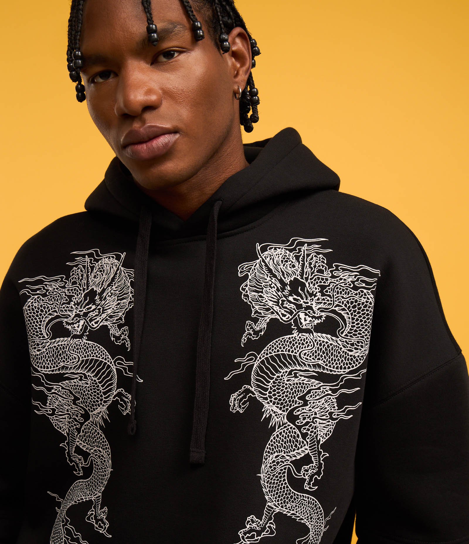 Moletom Boxy em Fleece com Estampa de Dragão e Manga Sobreposta Preto 6