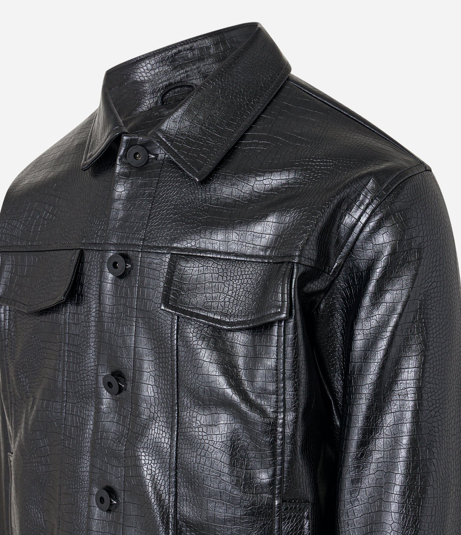 Jaqueta Trucker com Textura Croco Detalhes em Lapela e Abotoamento Preto 5