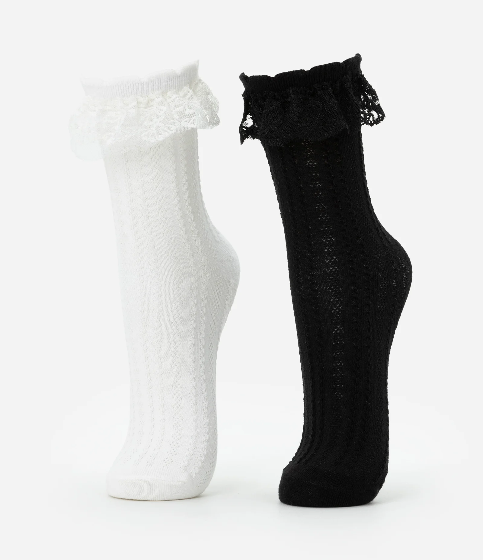 Kit 02 Meias Cano Médio em Algodão Texturizado com Rendas Branco/Preto 1