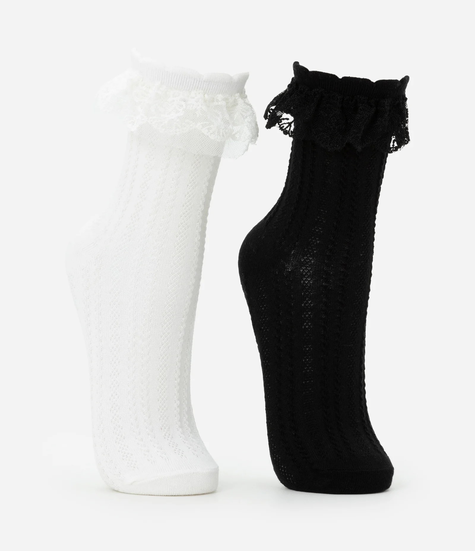 Kit 02 Meias Cano Médio em Algodão Texturizado com Rendas Branco/Preto 2