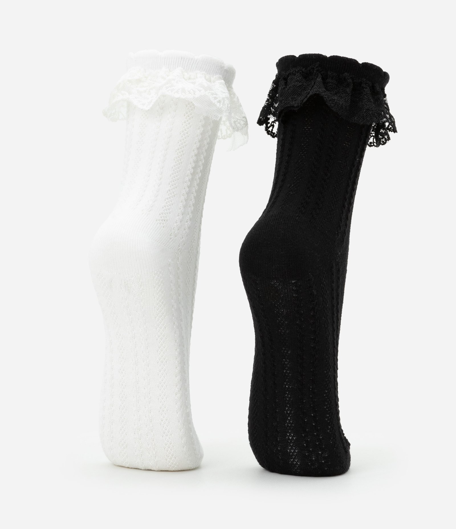 Kit 02 Meias Cano Médio em Algodão Texturizado com Rendas Branco/Preto 3
