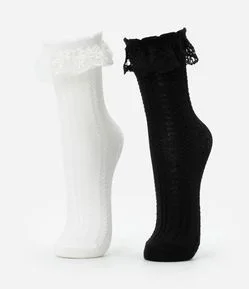 Kit 02 Meias Cano Médio em Algodão Texturizado com Rendas