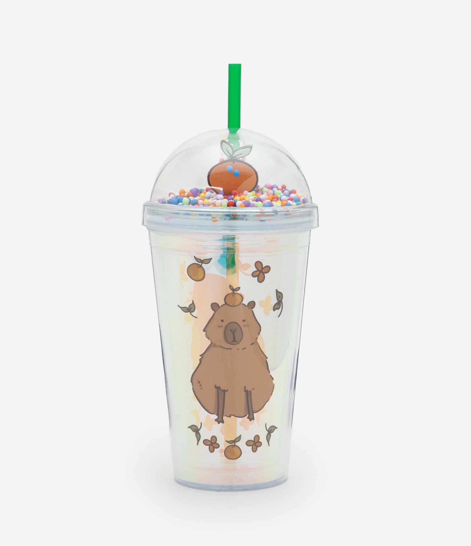 Copo com Canudo Reutilizável e Estampa Capivara 400 ml Marrom/ Transparência 1