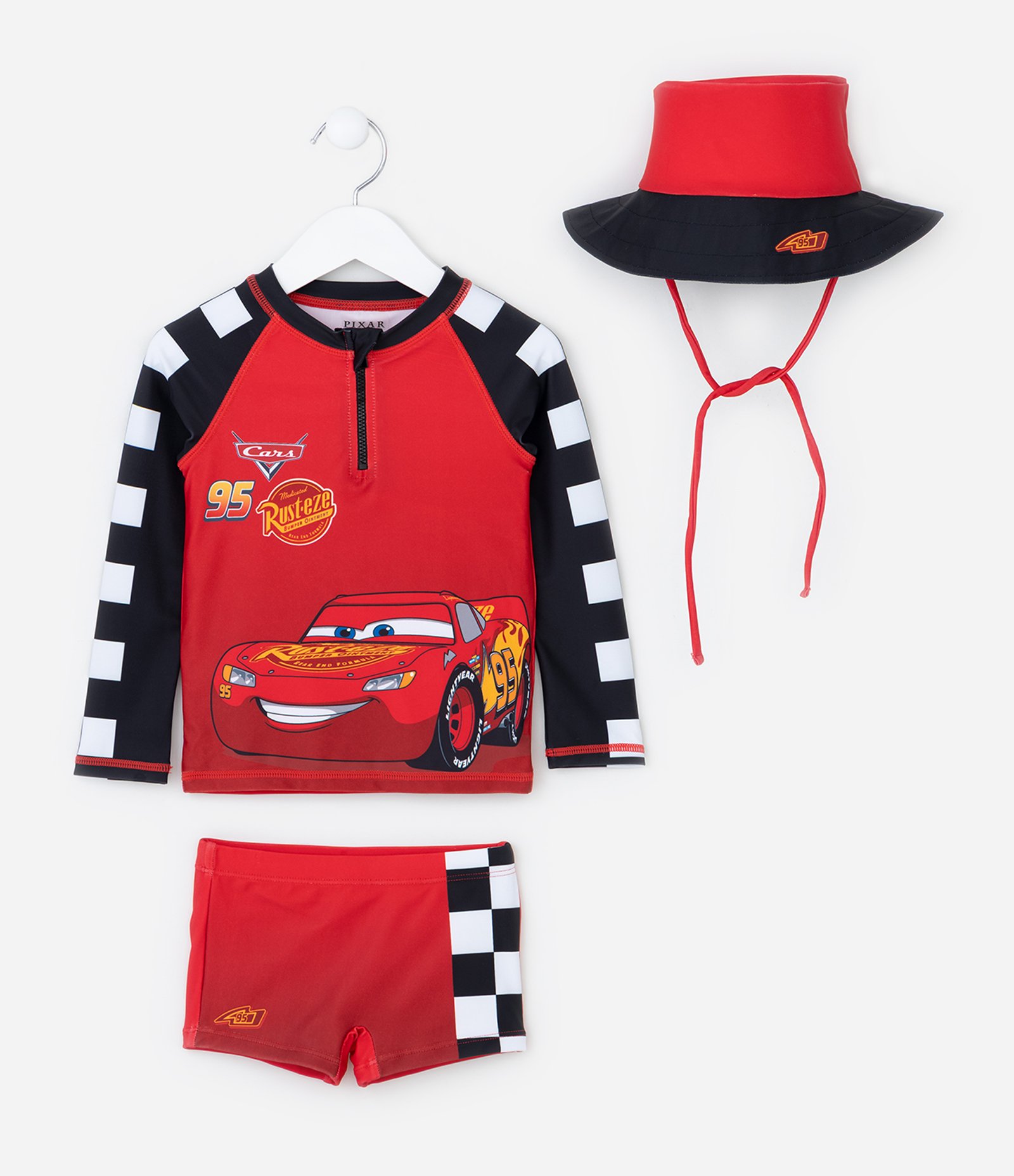 Conjunto Infantil com Proteção UV e Estampa Carros- Tam 1 a 4 Anos Vemelho/Preto/Branco 1