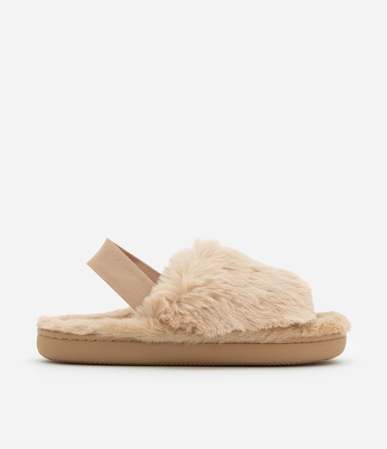 Pantufa Aberta Peludinha com Elástico no Calcanhar Bege 1