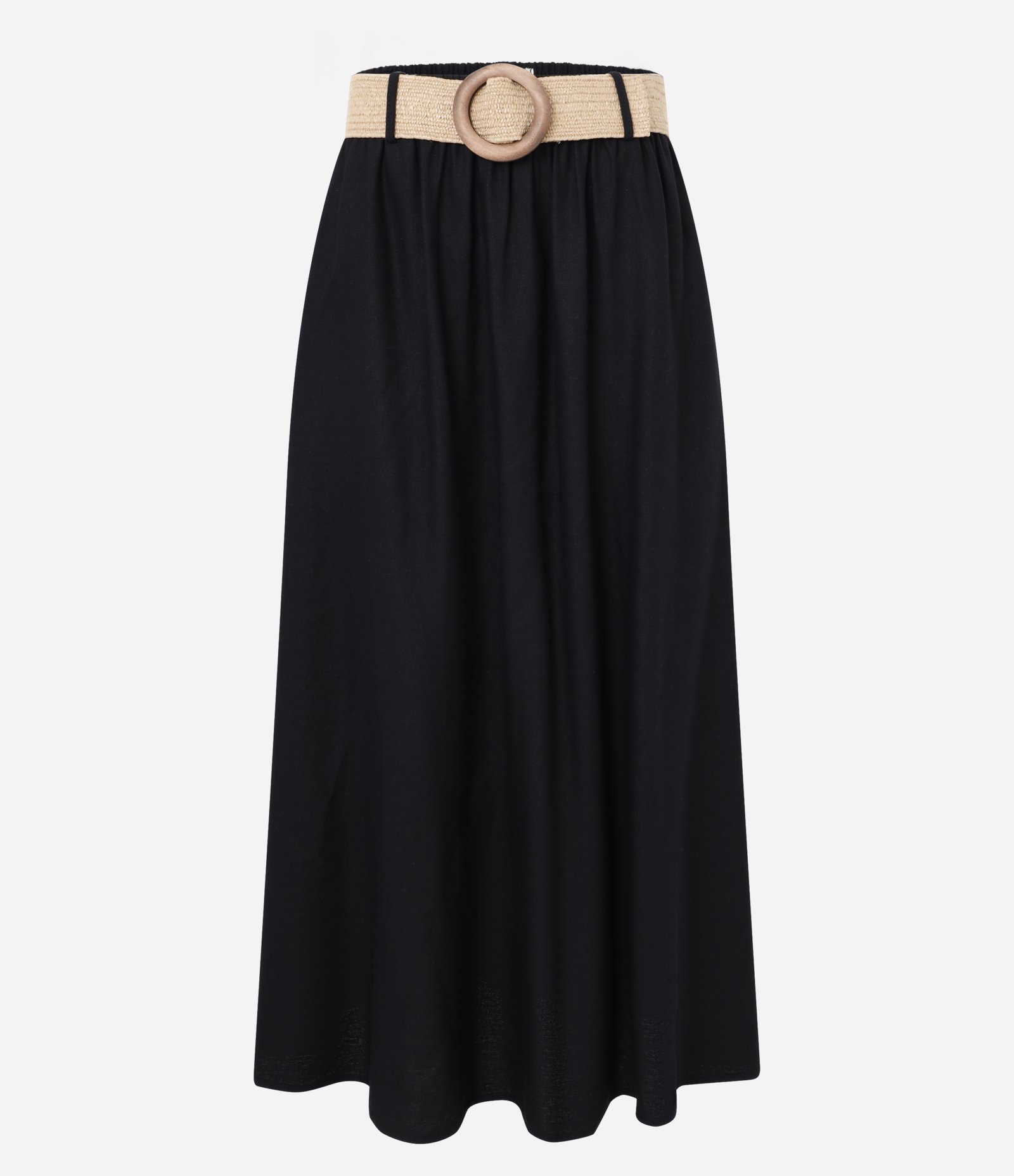 Saia Evasê em Viscolinho com Cinto de Ráfia e Fivela Redonda Preto 5