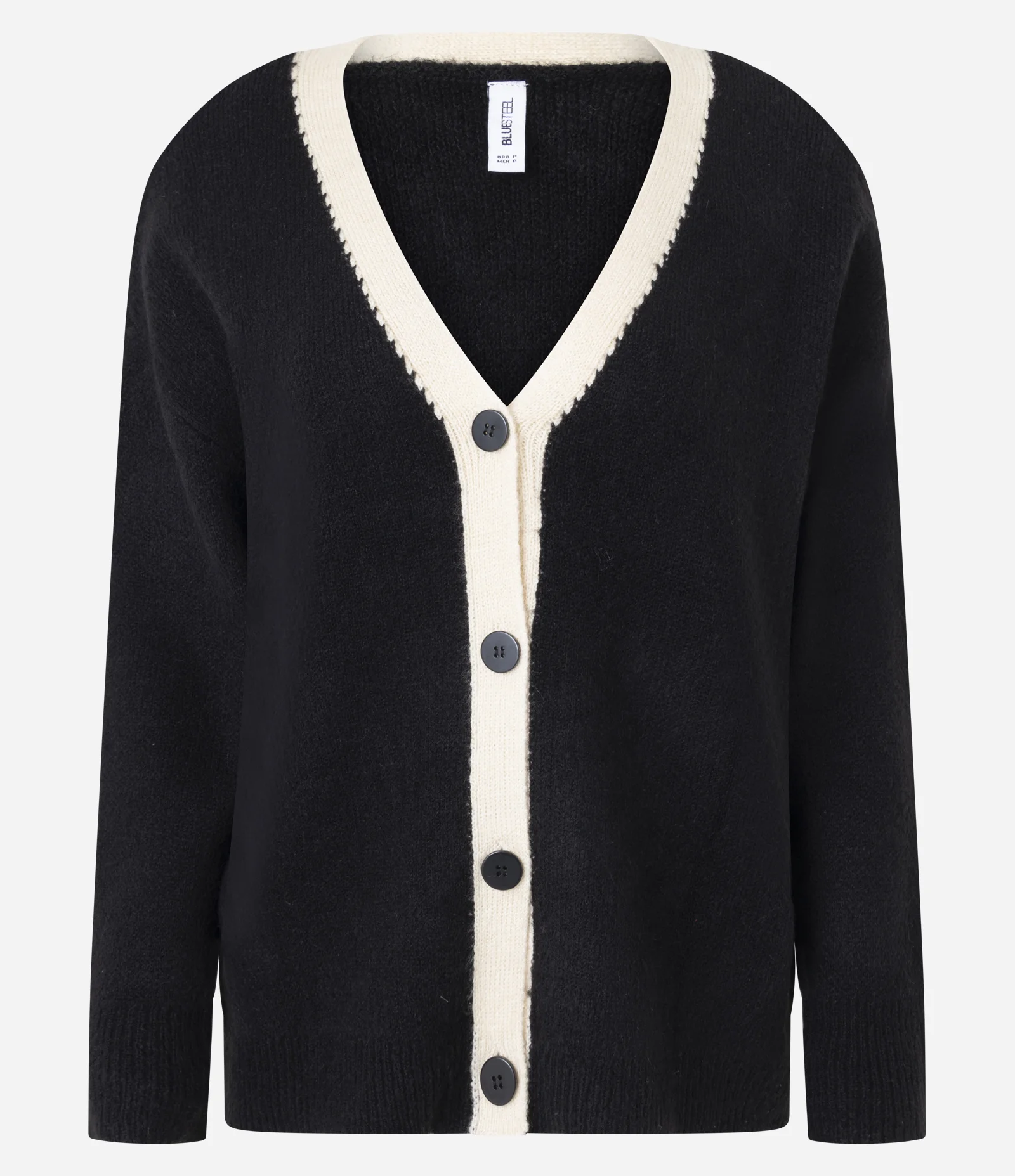 Cardigan Alongado em Tricô Texturizado com Linhas Contrastante e Botões Preto 1