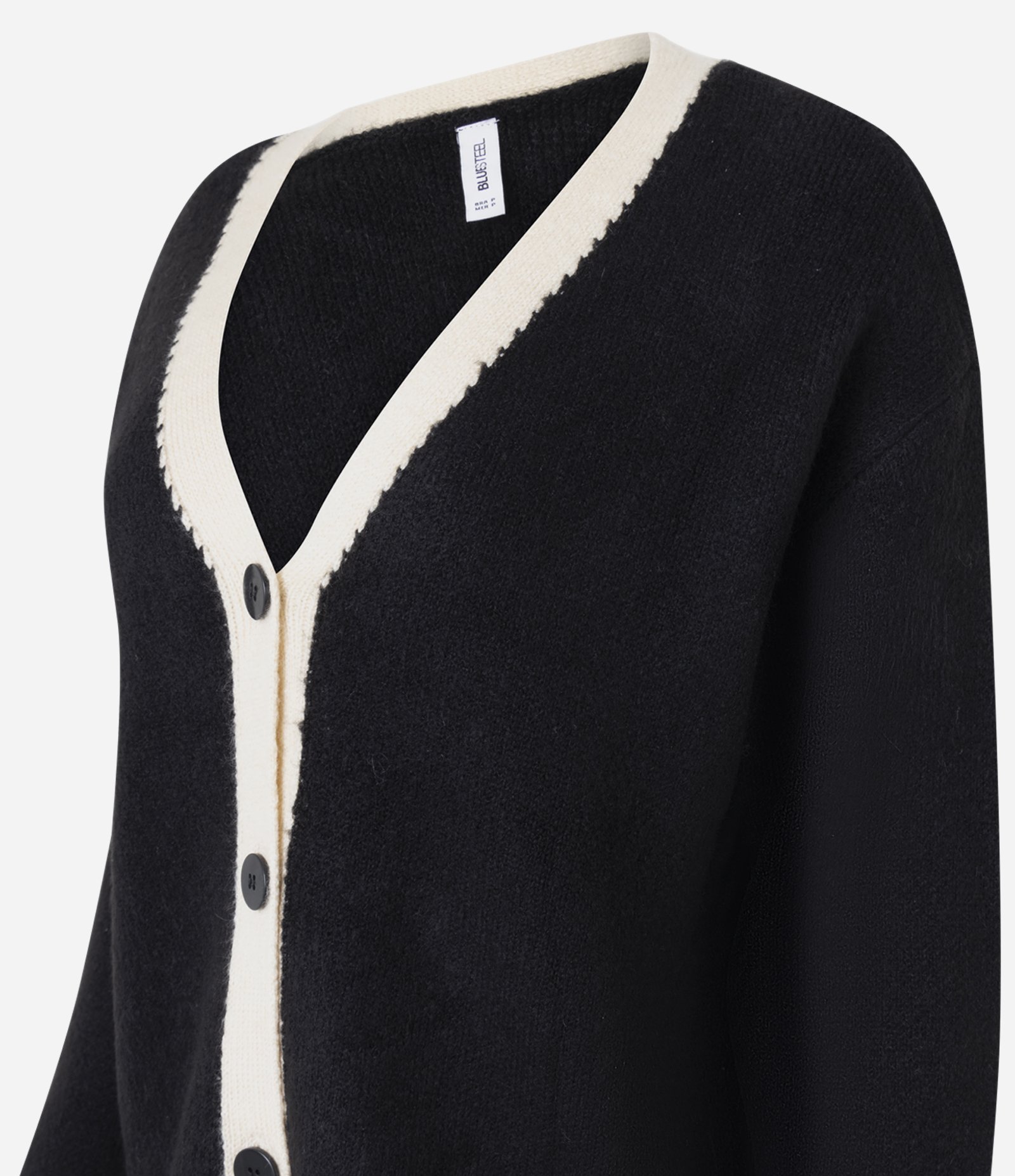 Cardigan Alongado em Tricô Texturizado com Linhas Contrastante e Botões Preto 2