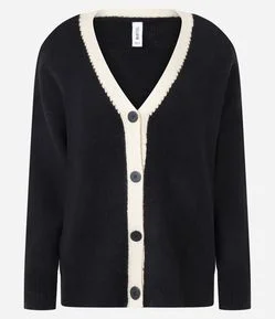 Cardigan Alongado em Tricô Texturizado com Linhas Contrastante e Botões