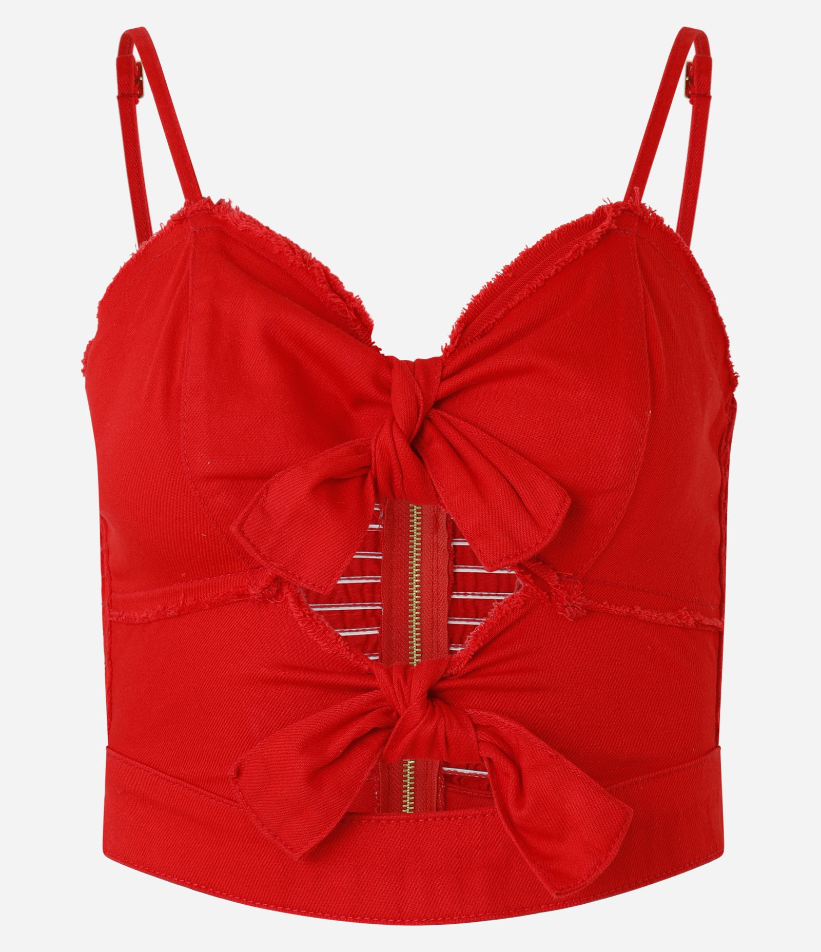 Blusa de Alça em Sarja com Laços e Detalhes Puídos Vermelho 1