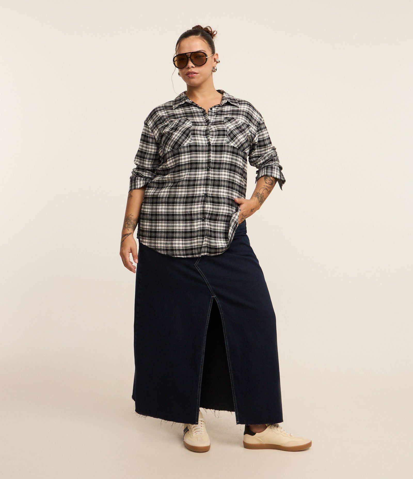 Camisa Flanela Xadrez Curve & Plus Size Preto/Branco 2