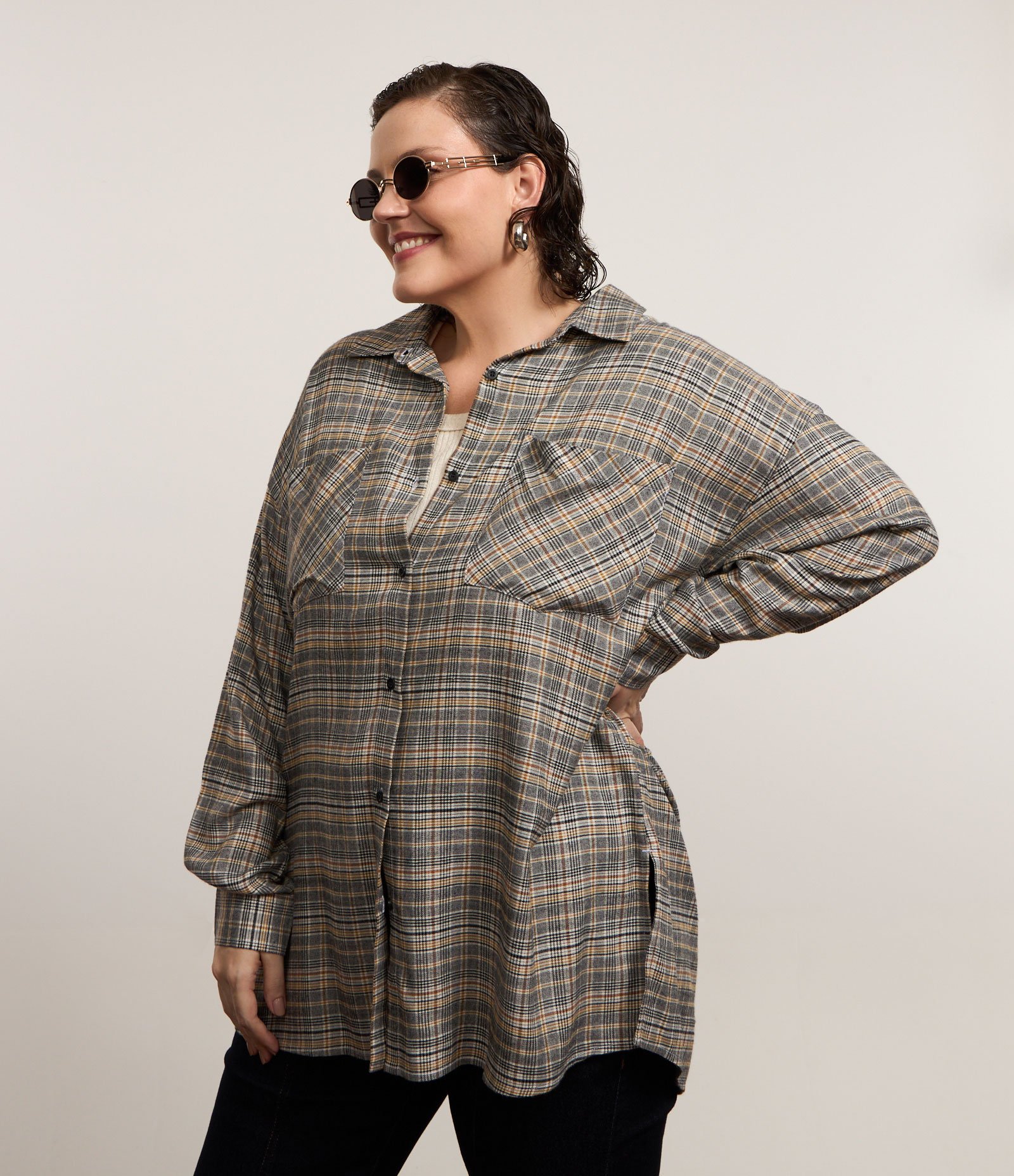 Camisa Flanela Xadrez Curve & Plus Size Cinza 1