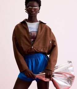 Jaqueta Bomber em Pu com Bolsos de Zíper