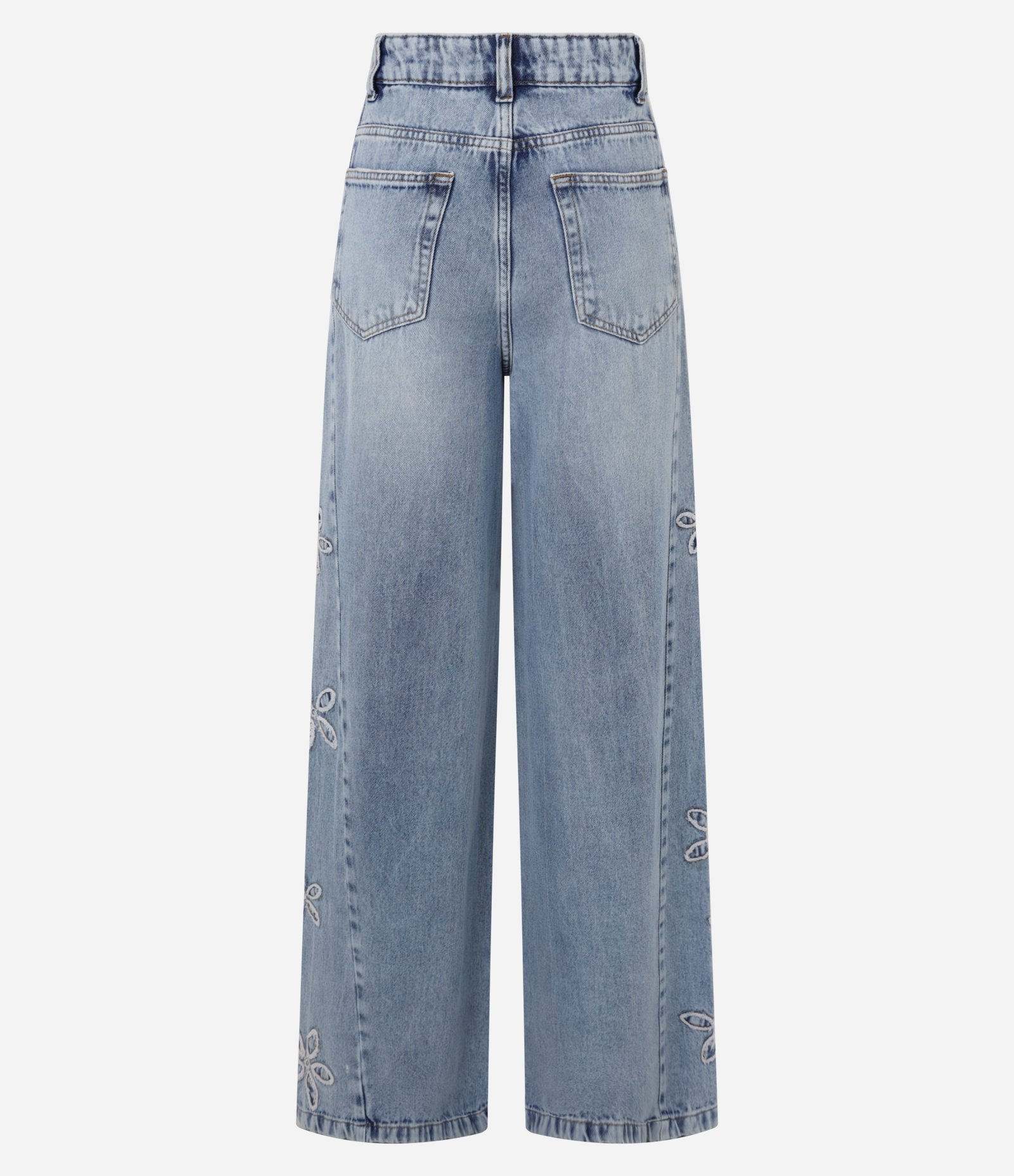 Calça Wide em Jeans com Bordado de Flores Lateral Azul 6