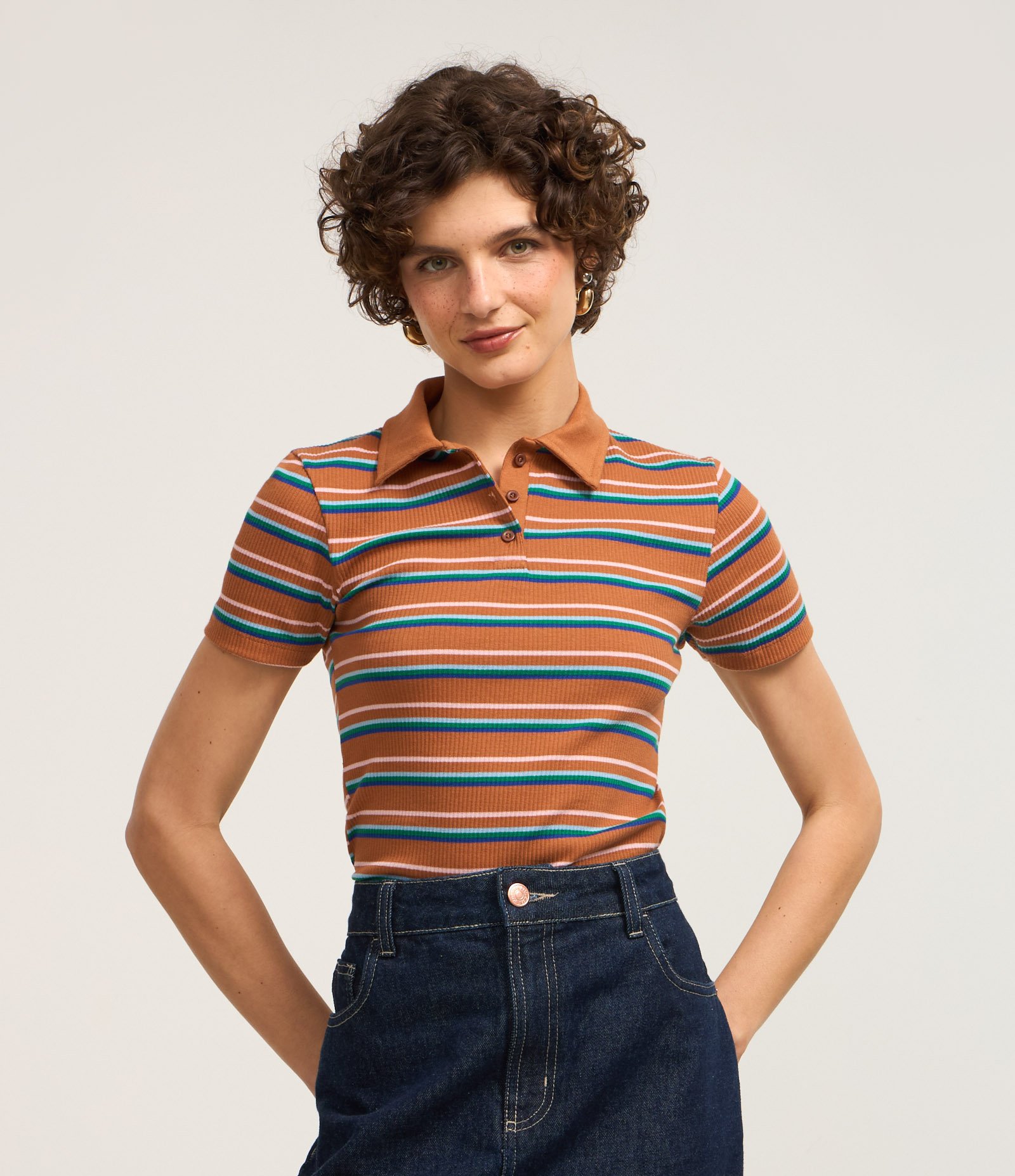 Blusa Polo em Ribana Listrada Laranja 1