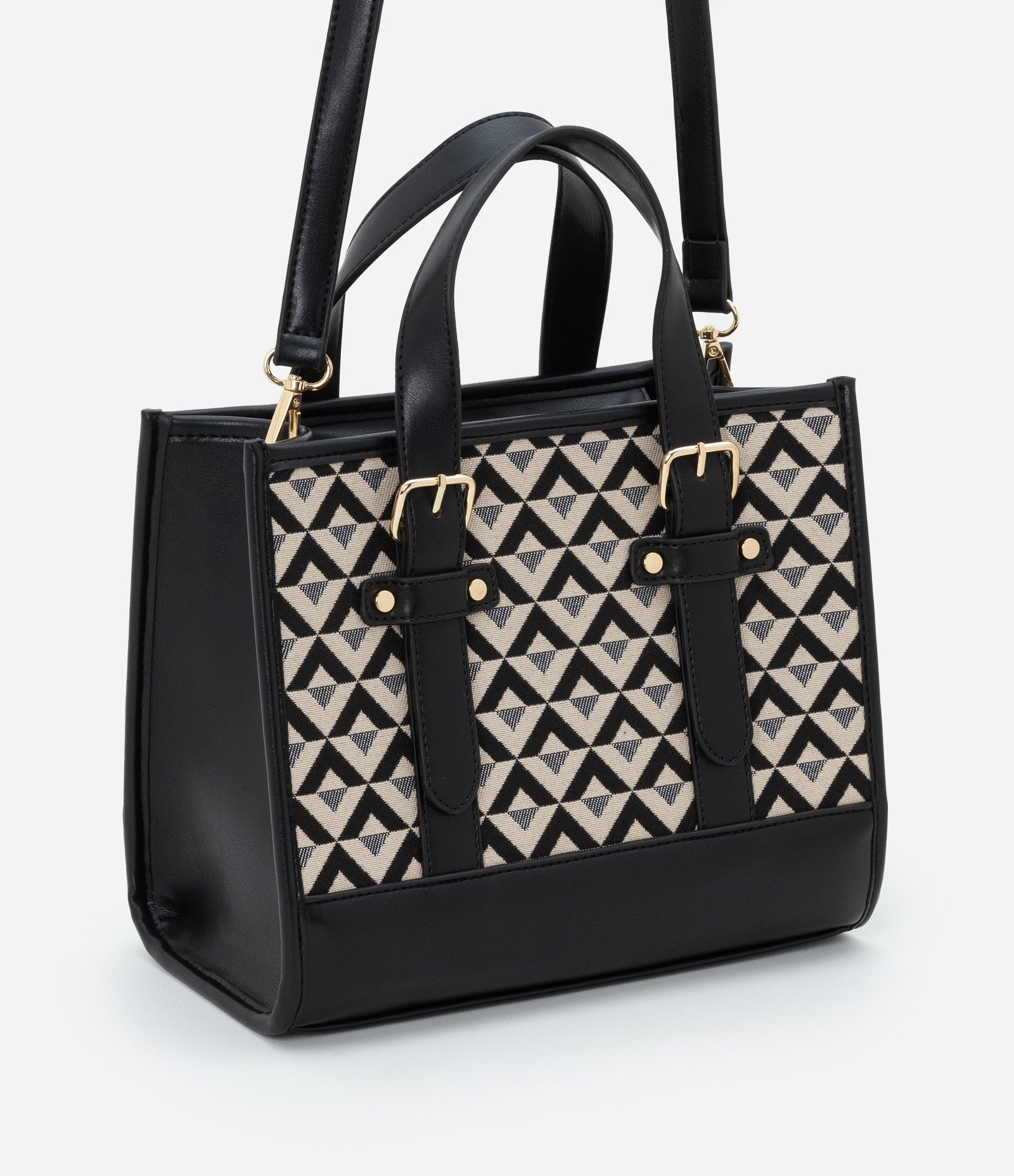 Bolsa Satchel Pequena com Duas Alturas de Alças e Estampa Triângulos Preto/ Off White 2