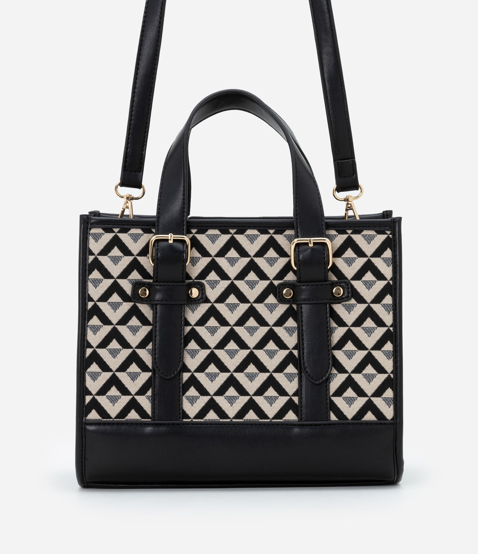 Bolsa Satchel Pequena com Duas Alturas de Alças e Estampa Triângulos Preto/ Off White 4