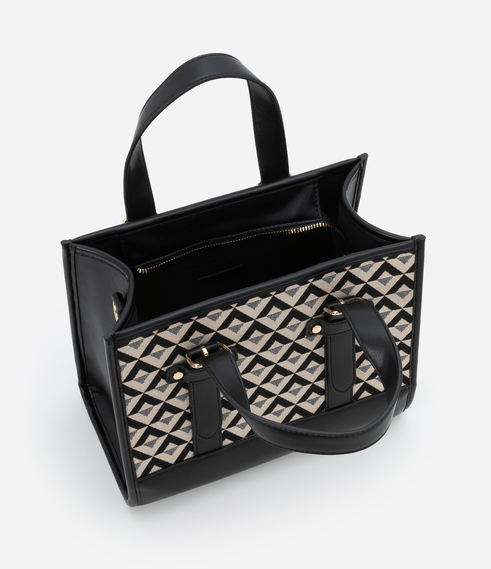 Bolsa Satchel Pequena com Duas Alturas de Alças e Estampa Triângulos Preto/ Off White 5