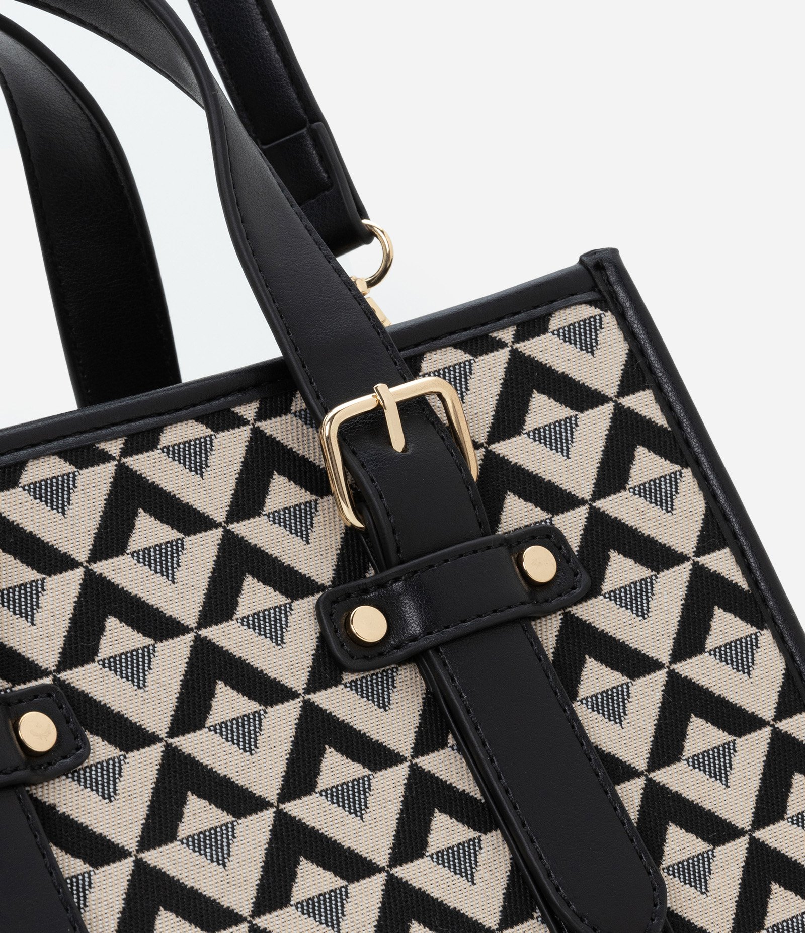 Bolsa Satchel Pequena com Duas Alturas de Alças e Estampa Triângulos Preto/ Off White 6