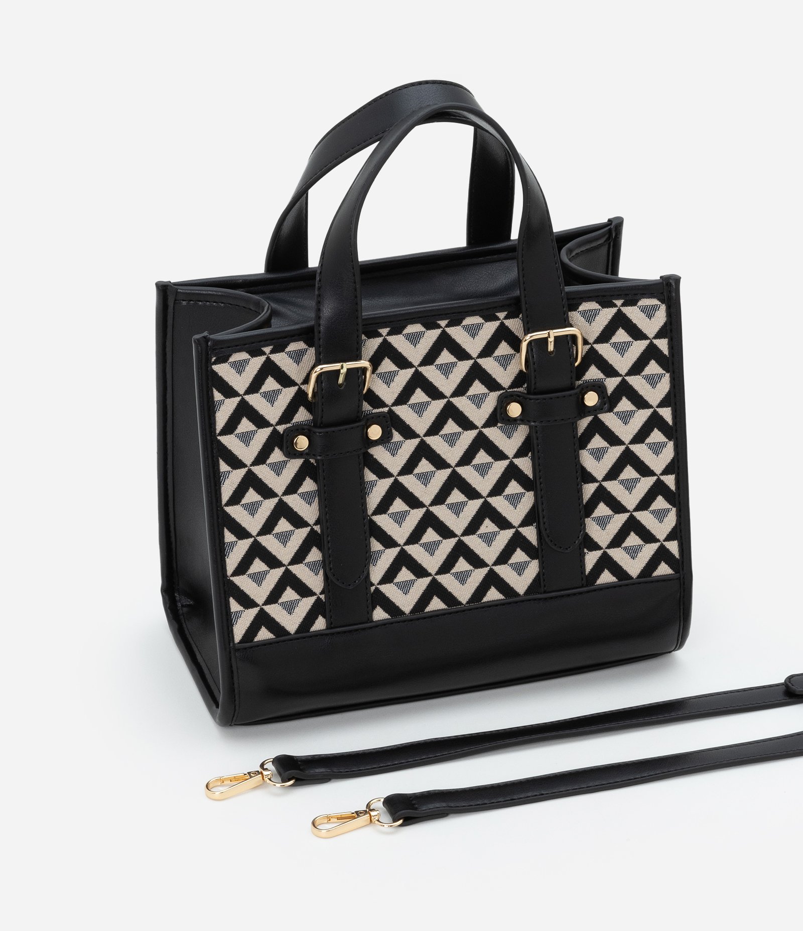 Bolsa Satchel Pequena com Duas Alturas de Alças e Estampa Triângulos Preto/ Off White 7