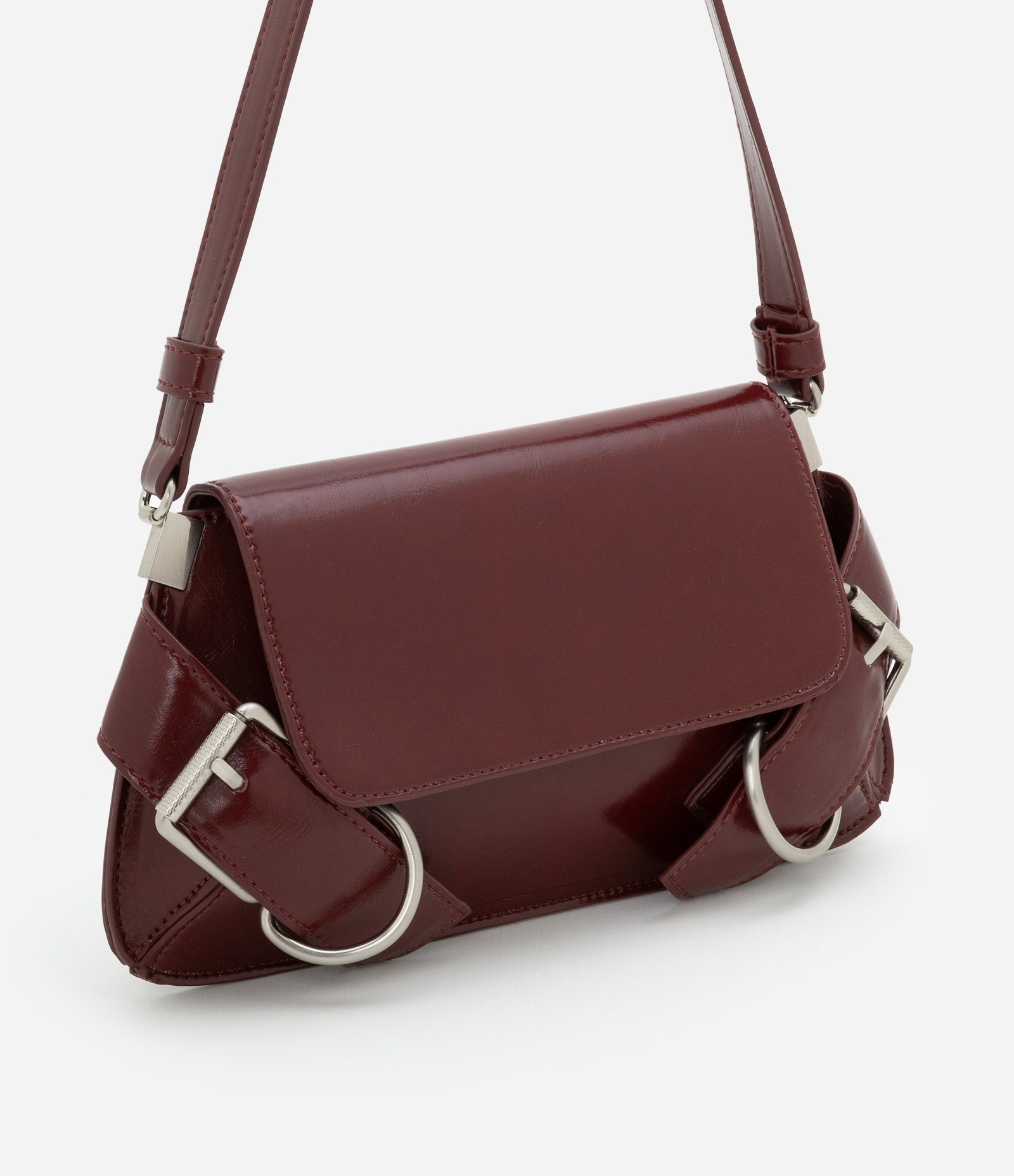 Bolsa Baguete Pequena com Detalhes de Fivelas Vermelho Vinho 2