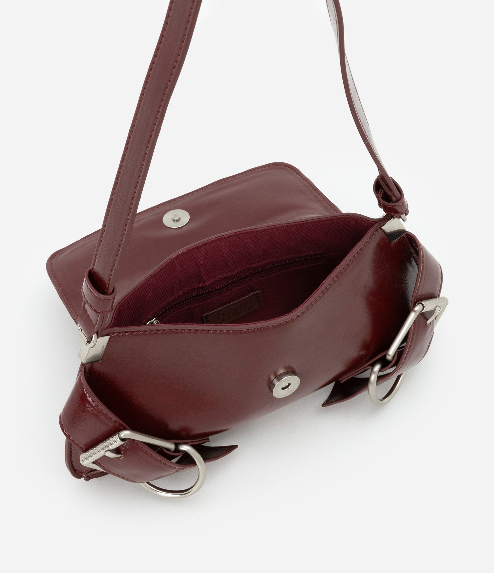 Bolsa Baguete Pequena com Detalhes de Fivelas Vermelho Vinho 5