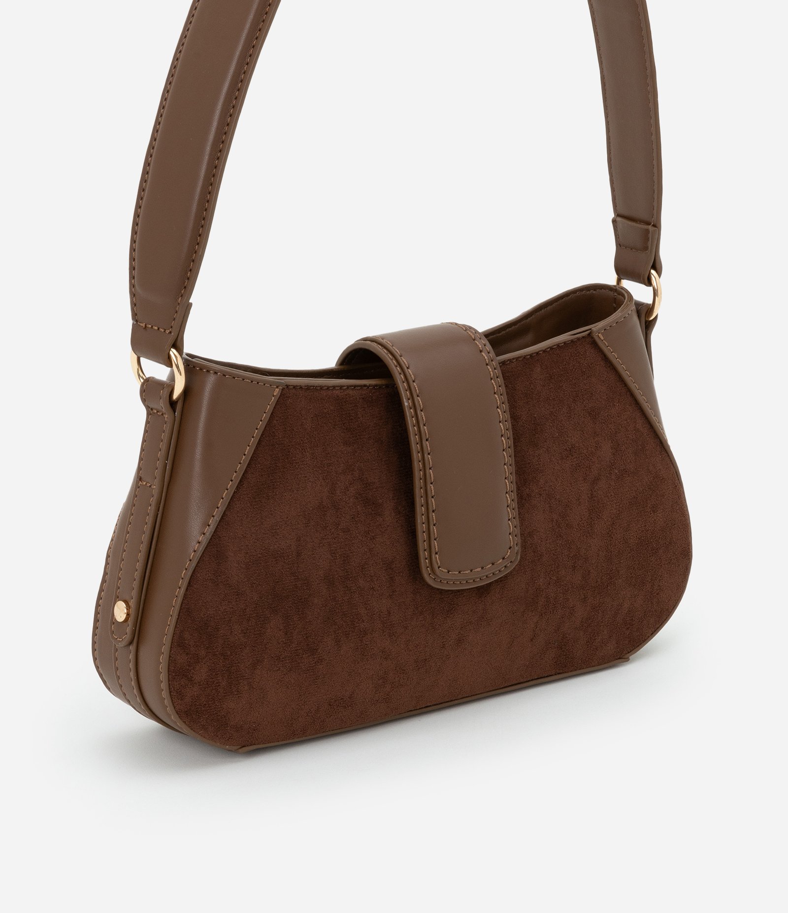 Bolsa Baguete Pequena com Fechamento Lapela e Recortes Marrom 3